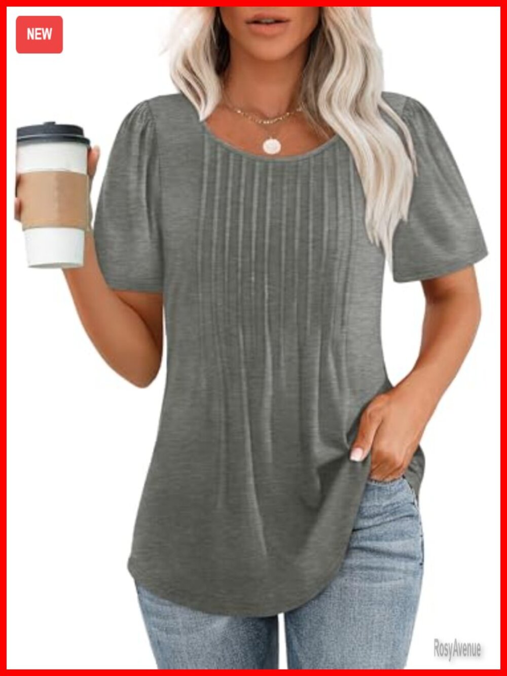 Womens Pleated Scoop Neck Short Sleeve T Shirt Loose Fit Casual Summer Top